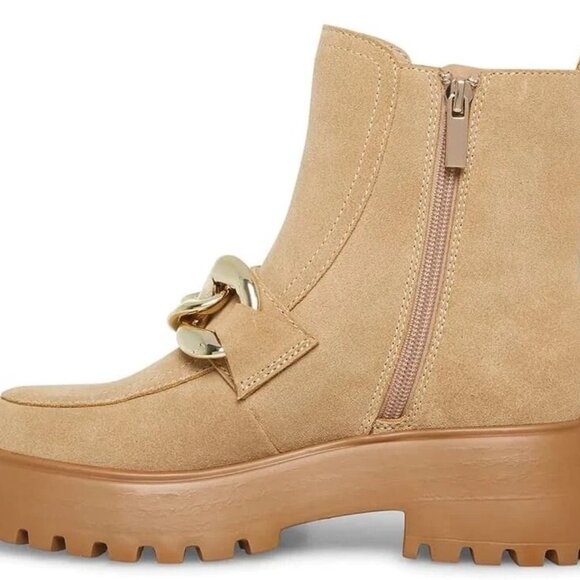 Steve Madden Cleo Taupe Suede Chunky Lug Sole Curb Chain Ankle Boots Size 6.5 - Picture 3 of 5
